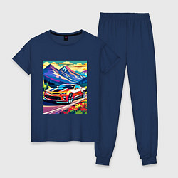 Пижама хлопковая женская Авто на фоне гор, цвет: тёмно-синий