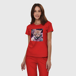 Пижама хлопковая женская Котенок pink космонавт, цвет: красный — фото 2
