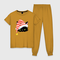 Женская пижама Новогодний черный кот в новогоднем колпаке