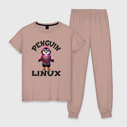 Пижама хлопковая женская Система линукс пингвин в кимоно, цвет: пыльно-розовый