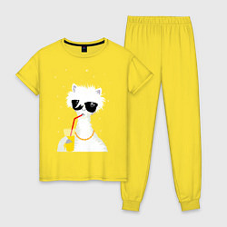 Пижама хлопковая женская Лама - альпака с бокалом, цвет: желтый