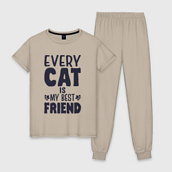 Пижама хлопковая женская Every cat is my best friend, цвет: миндальный