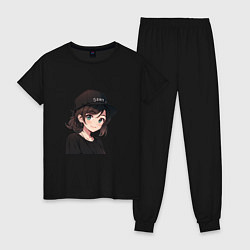 Пижама хлопковая женская Девочка в стиле аниме, цвет: черный