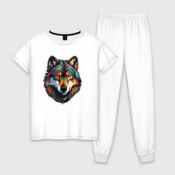 Пижама хлопковая женская Цветной портрет волка, цвет: белый