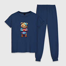 Пижама хлопковая женская Медведь с сердечком, цвет: тёмно-синий