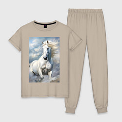 Пижама хлопковая женская Белая лошадь на фоне неба, цвет: миндальный