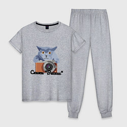 Пижама хлопковая женская Пиксель-кот: скажи Вискас, цвет: меланж