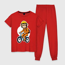 Пижама хлопковая женская Обезьяна на велосипеде, цвет: красный