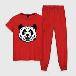 Пижама хлопковая женская Чёрно-белая голова панды с оскалом, цвет: красный