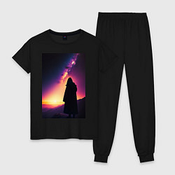 Пижама хлопковая женская Млечный путь и путник, цвет: черный