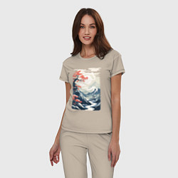 Пижама хлопковая женская Горный пейзаж в японском стиле, цвет: миндальный — фото 2