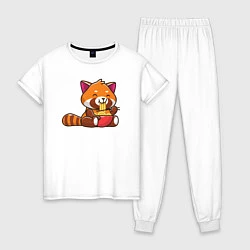 Пижама хлопковая женская Красная панда ест лапшу, цвет: белый