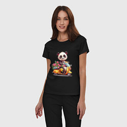 Пижама хлопковая женская Панда на мопеде, цвет: черный — фото 2