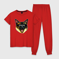 Пижама хлопковая женская Кот meow стикер, цвет: красный