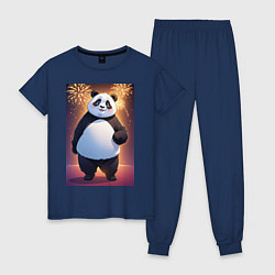Пижама хлопковая женская Панда в свитере под салютом - ai art, цвет: тёмно-синий