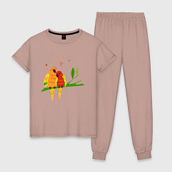 Пижама хлопковая женская Пара влюбленных попугаев на ветке, цвет: пыльно-розовый