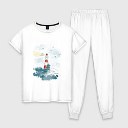 Пижама хлопковая женская Маяк и волны - акварель, цвет: белый