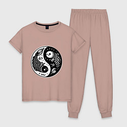 Пижама хлопковая женская Две рыбы символ инь янь, цвет: пыльно-розовый