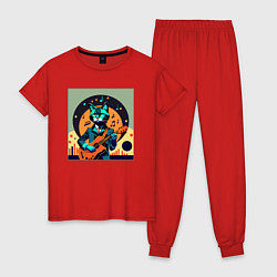 Пижама хлопковая женская Кот с гитарой в стиле Дэвида Боуи, цвет: красный