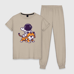 Пижама хлопковая женская Космонавт и тигр, цвет: миндальный