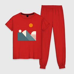 Пижама хлопковая женская Горы и солнце минимализм абстакция, цвет: красный