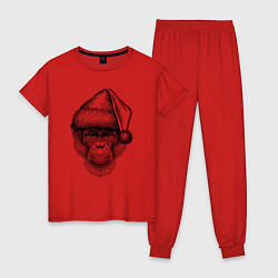 Пижама хлопковая женская Новогодний шимпанзе, цвет: красный