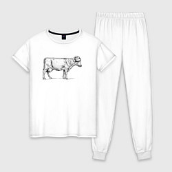 Пижама хлопковая женская Новогодняя корова сбоку, цвет: белый