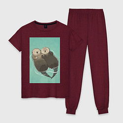 Пижама хлопковая женская Выдры плавают, цвет: меланж-бордовый