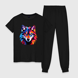 Пижама хлопковая женская Красочный волк поп арт, цвет: черный
