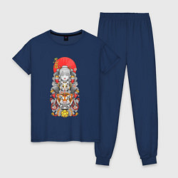Пижама хлопковая женская Девушка ниндзя и тигр, цвет: тёмно-синий