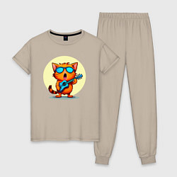 Пижама хлопковая женская Рыжий кот с гитарой поет песню, цвет: миндальный