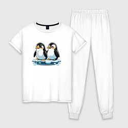 Пижама хлопковая женская Два пингвина на льдине, цвет: белый