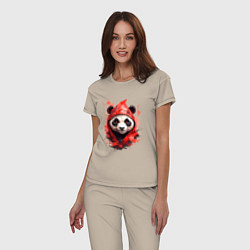 Пижама хлопковая женская Модная панда в красном капюшоне, цвет: миндальный — фото 2