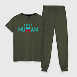 Пижама хлопковая женская Once human logo, цвет: меланж-хаки