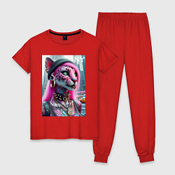 Пижама хлопковая женская Панк девушка-леопард в татухах в Нью-Йорке, цвет: красный
