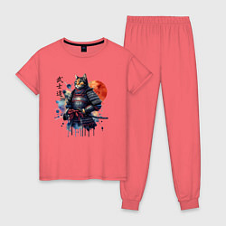Пижама хлопковая женская Cat samurai - bushido ai art, цвет: коралловый