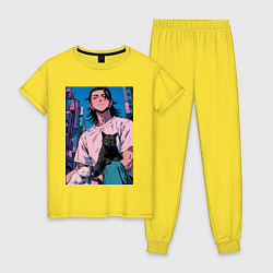 Пижама хлопковая женская Магическая битва Сугуру Гэто с котами, цвет: желтый