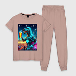 Пижама хлопковая женская Дино с кружкой пива в Мегаполисе - нейроарт, цвет: пыльно-розовый