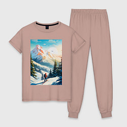 Пижама хлопковая женская Лыжник в горах, цвет: пыльно-розовый