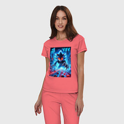 Пижама хлопковая женская Hedgehog in neon metropolis - ai art, цвет: коралловый — фото 2