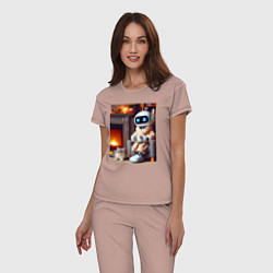 Пижама хлопковая женская Робот у камина с котом и чашкой кофе - нейроарт, цвет: пыльно-розовый — фото 2