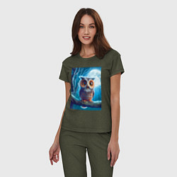 Пижама хлопковая женская Милый совёнок на фоне луны - нейроарт фантазия, цвет: меланж-хаки — фото 2