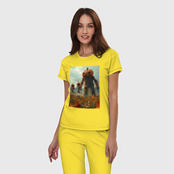 Пижама хлопковая женская Монстры тыквы в поле, цвет: желтый — фото 2