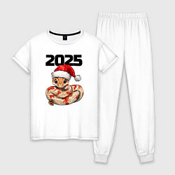 Пижама хлопковая женская Милая змейка в новогодней шапочке, цвет: белый