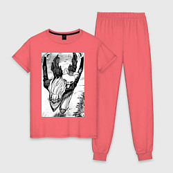 Пижама хлопковая женская Дандадан: Кэн Такакура, цвет: коралловый