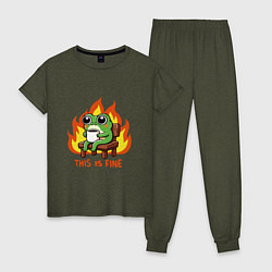 Пижама хлопковая женская Frog - this is fine, цвет: меланж-хаки