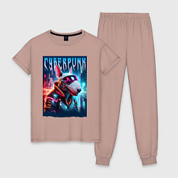 Пижама хлопковая женская Dude bull terrier - cyberpunk, цвет: пыльно-розовый