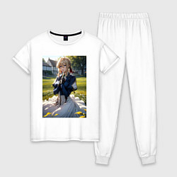 Пижама хлопковая женская Вайолет Эвергарден на лугу, цвет: белый