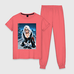Пижама хлопковая женская Черная кошка на крыше небоскреба, цвет: коралловый