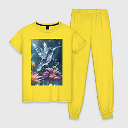 Пижама хлопковая женская Колибри у цветка, цвет: желтый